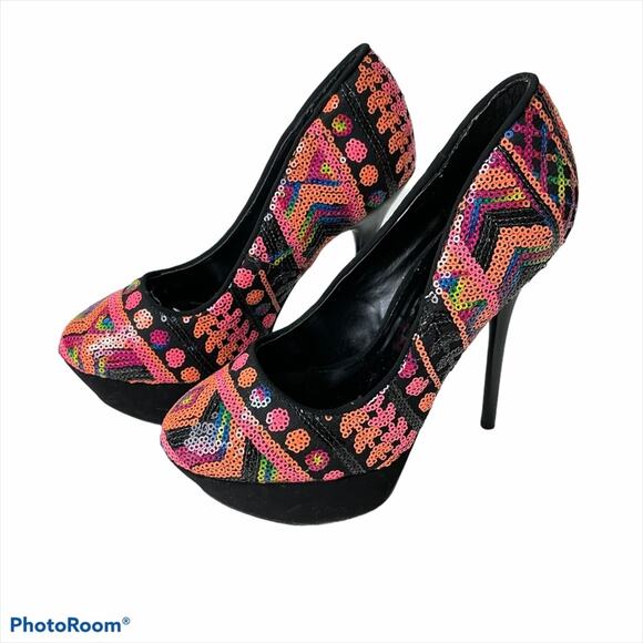 Qupid NWOB Sequin Geometric Platform Stiletto Heel Pump Size 6 Pink Orange Black - Picture 3 of 6